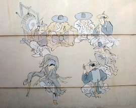 Korean folk drawings on wooden siding around a construction site